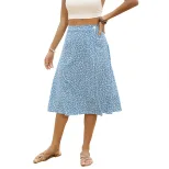 High Waisted Floral Split Skirt Summer Style Blue Color Comfortable Fabric Perfect for Casual Ou