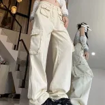 美式高街白色工装裤女秋季新款设计感多口袋宽松显瘦阔腿长裤子潮