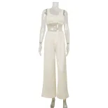 French Style Womens Satin Camisole and Pants Set Soft Peach Color Ruffle Trim Comfortable Fabric