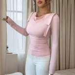 Womens Slim Fit Long Sleeve T Shirt Stylish Solid Color Ruffled Neckline Versatile for Spring an