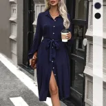 Long Sleeve Shirt Dress Solid Color Casual and Commuter Style Available in Navy Blue and Black Wholesale with Low MOQ