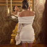 Lace Trimmed Off Shoulder Bodycon Dress Long Sleeve Pleated Design Elegant Style Perfect for Par