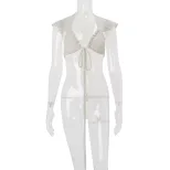 Spring Womens Sexy Hollow Out Crop Top Short Flutter Sleeves Tie Design Trendy Style Perfect for