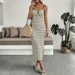 Retro Striped Bodycon Midi Dress Knotted Design Sleeveless Vacation Style Available in Multiple