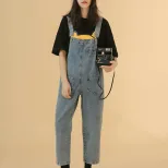 2022春秋新款时尚网红牛仔背带裤女韩版宽松港味复古连体裤九分裤