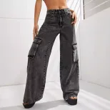 High Waisted Loose Fit Denim Cargo Pants Plus Size Big Pockets Comfortable Fabric Casual Wear fo
