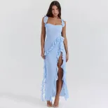 Fashionable Womens Dress Ruffled Trim Split Design Elegant Style Summer and Autumn Collection Wh