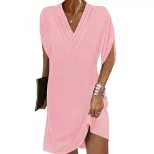 Womens Spring Summer V Neck Batwing Sleeve Dress Pleated Design Elegant Style Perfect for Casual
