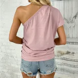 Womens Pink One Shoulder T Shirt Summer Casual Style Minimalist Design Versatile for Everyday We