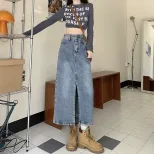 夏季新款小众设计感开叉半身裙女高腰显瘦包臀a字中长裙牛仔长裙