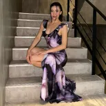 Elegant Floral Print Maxi Dress U Neck Ruffle Hem Sleeveless Open Back High Slit Perfect for Sum