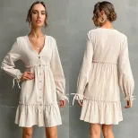 Slim Fit Cardigan Dress Ruffle Trim Long Sleeve Solid Color Casual Wear Suitable for Spring and