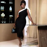 Elegant Womens Color Block Bodycon Dress Sleeveless Asymmetrical Shoulder Flowing Ribbons Perfec