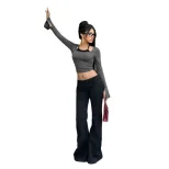 Womens Gray Long Sleeve T Shirt Fitted Design with Square Neck and Flared Sleeves Casual Wear