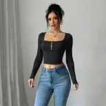 Long Sleeve Cropped T Shirt Sexy Slim Fit Square Neck Stretch Fabric Autumn Fashion for Women Wh