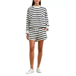 Womens Color Block Striped Sweatshirt Set Loose Fit Round Neck Long Sleeve Shoulder Cutout Short