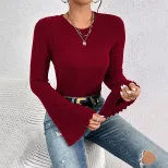 Round Neck Bell Sleeve Burgundy T Shirt Spring Summer Fashion Versatile Office Wear Wholesale Av