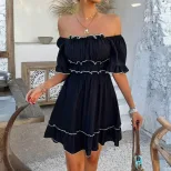 Black French Square Neck Ruffled Short Sleeve Dress Color Block Waist Cinching A Line Silhouette
