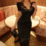 Elegant Lace Trimmed Maxi Dress V Neck Puff Sleeves Slim Fit Rhinestone Detail Perfect for Forma