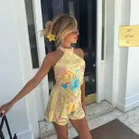 Bohemian Print Strapless Top and Loose Shorts Set Womens Fashion Comfortable Fit Casual Style Wh