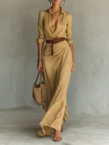 Elegant Womens Autumn Dress Solid Color Irregular Pleats Waist Belt Perfect for Casual or Formal