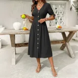 Summer Casual V Neck Short Sleeve Dress Solid Color Beach Vacation Style Wholesale Available OEM