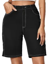 High Waisted Denim Shorts Button Detail Straight Cut Fashionable Spring Summer Casual Wear Whole