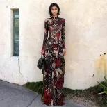 Fashionable Womens Long Sleeve Top Semi High Neck Animal Print High Slit Design Spring Collectio