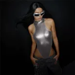 Womens Reflective Sleeveless Bodysuit Trendy Bright Colors Stand Up Collar Bodycon Fit Nightclub