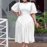 Plus Size Fashion Dress Ruffled Design Puff Sleeves Trendy Style Suitable for Casual Occasions W