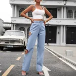 High Waisted Wide Leg Jeans Vintage Style Distressed Design Loose Fit Casual Wear for Women Whol