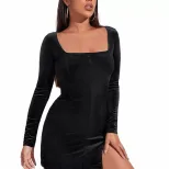 Velvet Bodycon Dress Sexy Split Hem Square Neck Long Sleeve Elegant French Style for Parties Who