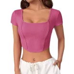 Irregular Square Neck Knit Short Sleeve T Shirt Slim Fit Short Length Stylish Design Casual Wear