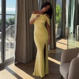 Slim Fit Solid Color Long Bodycon Dress with Asymmetrical Design Off Shoulder Neckline Split Det