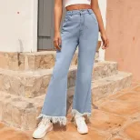 Womens Straight Leg Casual Jeans Versatile Flared Hem Distressed Finish Comfortable Fit Perfect