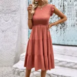 Summer Casual Ruffle Bodycon Dress in Solid Color for Vacation Available in Redwood Wholesale Sizes S to XL