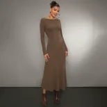Solid Color Long Sleeve Bodycon Dress Mermaid Hem Off Shoulder Neckline Mid Length Perfect for P