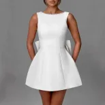 Summer Womens A Line Dress Pearl Bow Detail Slim Fit Backless Design Stylish Casual Wear for Par