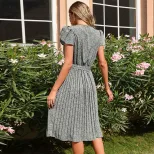 Summer Floral Green Pleated V Neck Dress Lightweight Fabric Elegant Design Perfect for Casual Ou
