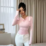 Womens Slim Fit Long Sleeve T Shirt Stylish Solid Color Ruffled Neckline Versatile for Spring an