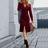 V Neck Midi Dress Elegant Style Burgundy Color Soft Korean Velvet Fabric Spring Summer Occasion