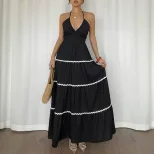 Color Block V Neck Halter Dress Sexy Cake Skirt Design Perfect for Vacations and Summer Events W