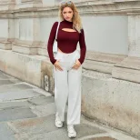 High Neck Hollow Out Knit Top Fashionable Sexy Slim Fit Long Sleeve Short Length Spring Summer C