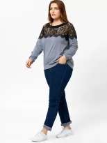 Plus Size Long Sleeve Lace Panel T Shirt Round Neck Stylish Design Comfortable Fabric Casual Wea