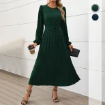 Elegant Long Sleeve Pleated Dress in Dark Green and Navy Blue for Autumn Office Wear Wholesale Low MOQ