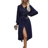 Long Sleeve Shirt Dress Solid Color Casual and Commuter Style Available in Navy Blue and Black Wholesale with Low MOQ