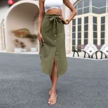 Womens Solid Color Asymmetrical Split Midi Skirt Fashionable Summer Style Perfect for Casual or