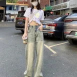 美式复古磨白做旧阔腿牛仔裤女春夏新款高腰显瘦宽松垂感拖地裤子
