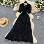 French Elegant V Neck Puff Sleeve Floral Waist Defined Pleated Maxi Dress for Women Summer Slim Fit Wholesale Available