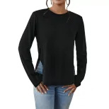 Womens Casual Loose Fit Long Sleeve T Shirt Round Neck Side Slit Versatile Style Autumn Winter C